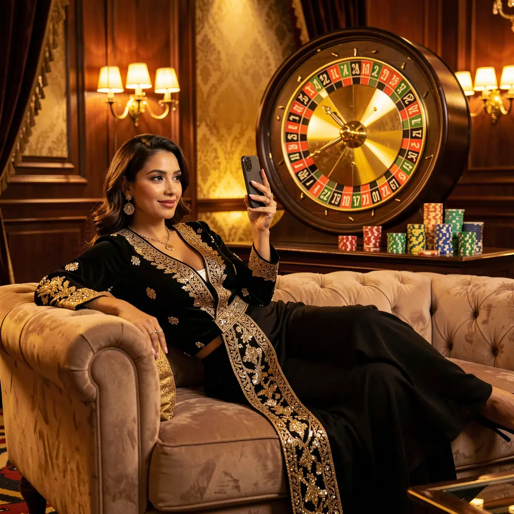 Elegant Pakistani woman relaxing on a luxury sofa while using the ISBO7 casino app with a glowing roulette wheel and casino chips behind her