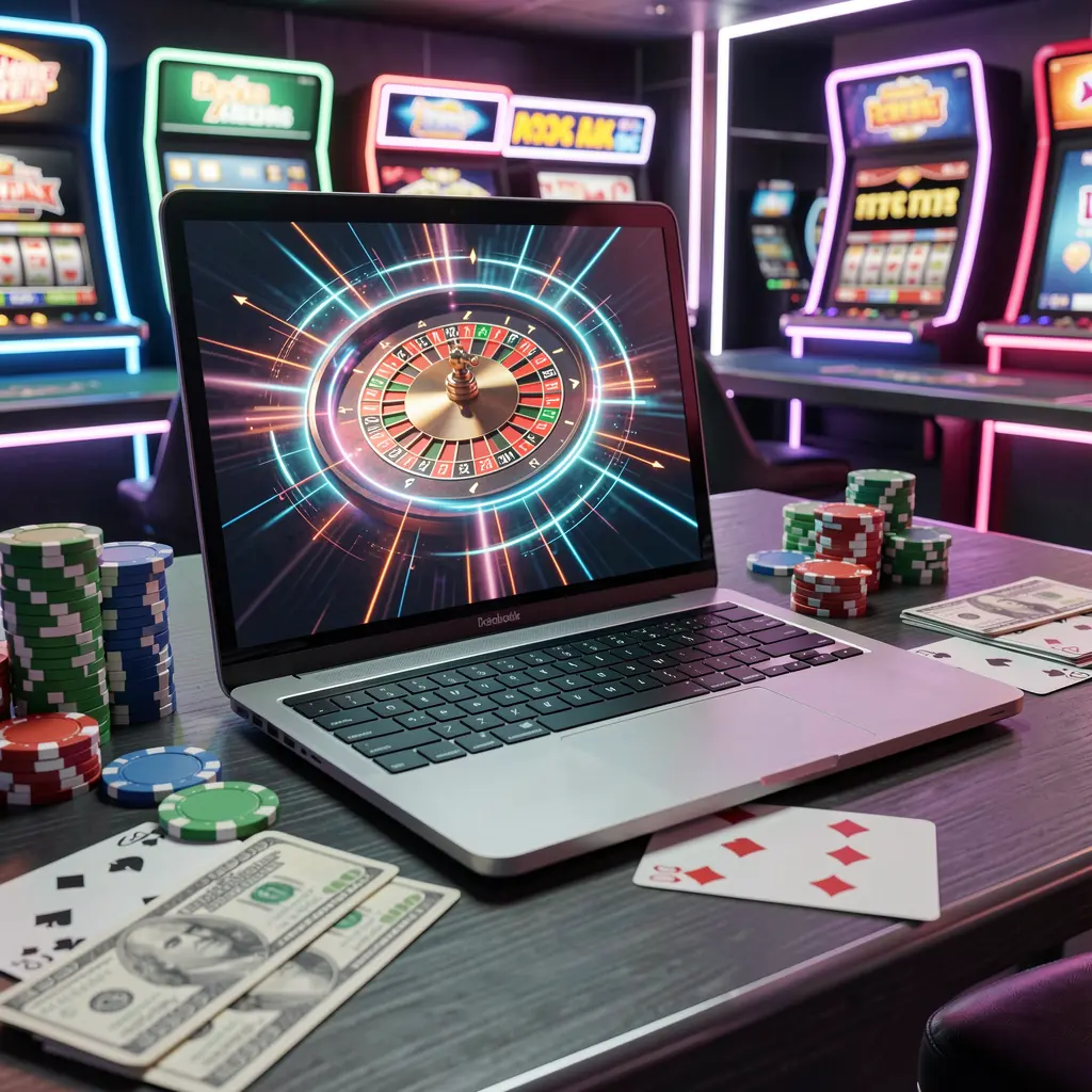 Vibrant online roulette scene on a laptop surrounded by casino chips and cards highlighting the immersive live casino experience at ISBO7 for players in Pakistan