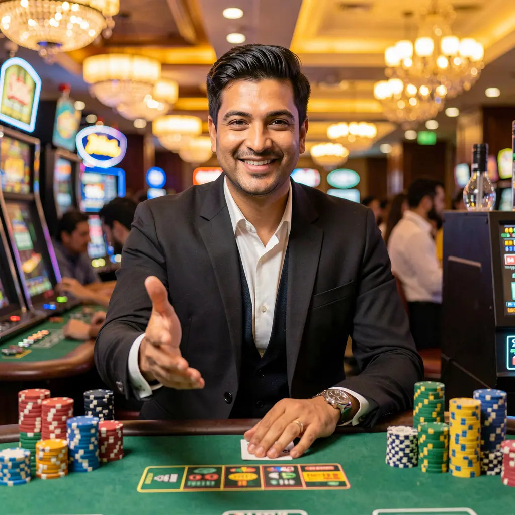 Confident Pakistani casino dealer welcoming players with an extended hand inside a vibrant ISBO7 casino environment filled with lights and chips